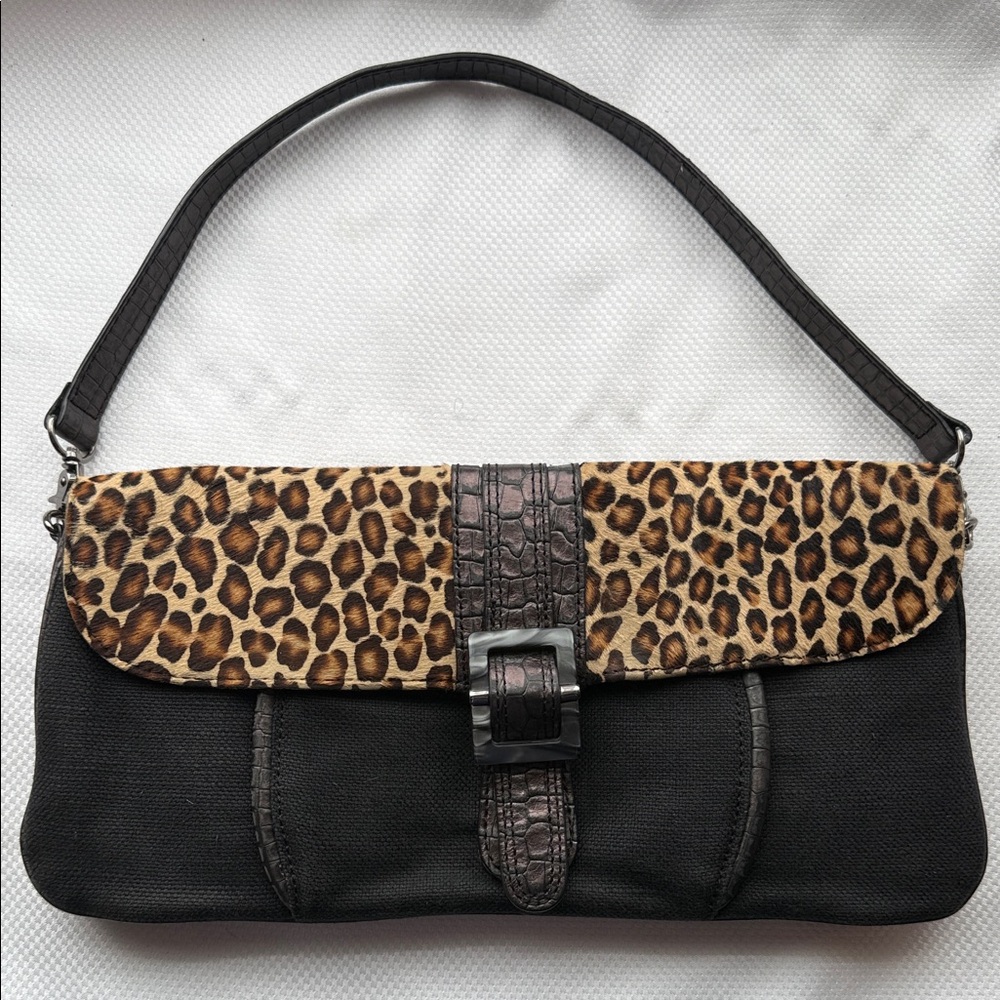 Donald J. Pliner - Leopard Print and Black Shoulder Bag with Croc-Embossed Trim